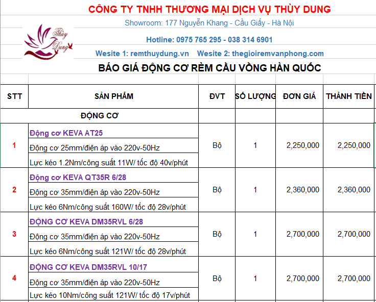 BÁO GIÁ ĐỘNG CƠ RÈM CẦU VỒNG HÀN QUỐC